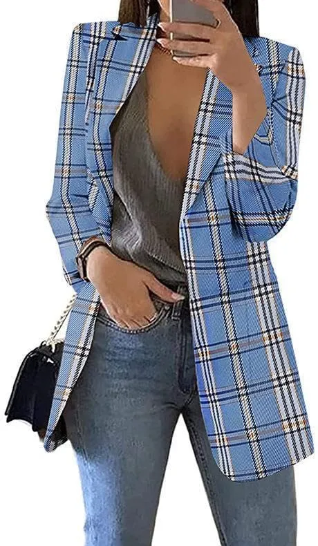 Women's Fashion Plaid Casual Blazer Lapel Slim Jacket Blazer Pocket Long Sleeve Jacket Business Suit