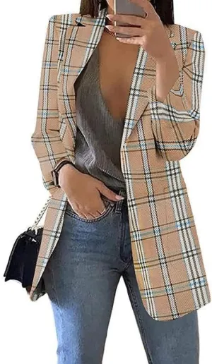 Women's Fashion Plaid Casual Blazer Lapel Slim Jacket Blazer Pocket Long Sleeve Jacket Business Suit