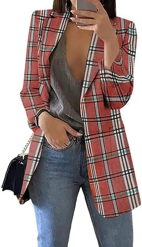 Women's Fashion Plaid Casual Blazer Lapel Slim Jacket Blazer Pocket Long Sleeve Jacket Business Suit