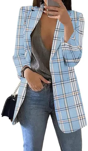 Women's Fashion Plaid Casual Blazer Lapel Slim Jacket Blazer Pocket Long Sleeve Jacket Business Suit