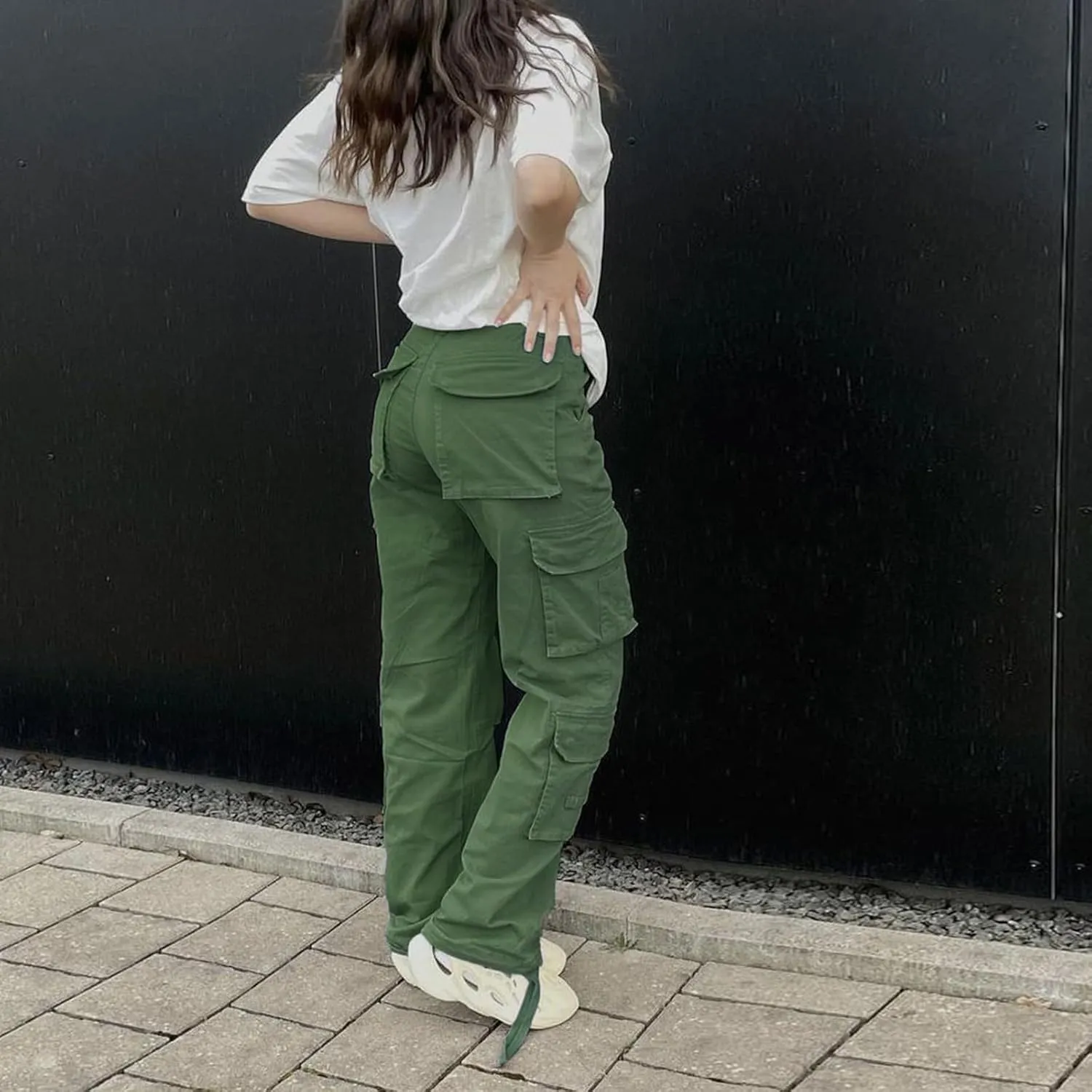 Womens High Waisted Black Cargo Pants with Pockets Baggy Solid Y2k Streetwear Pants