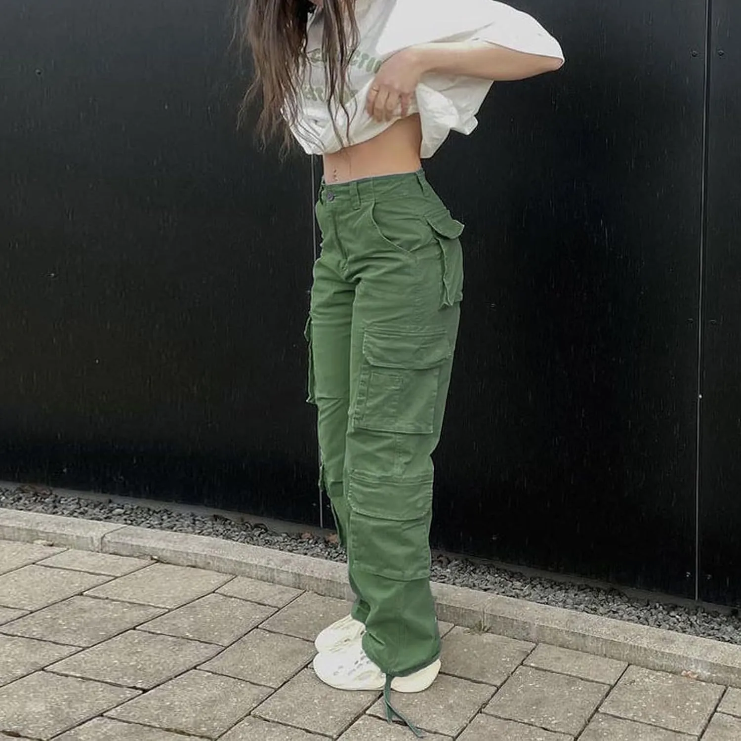 Womens High Waisted Black Cargo Pants with Pockets Baggy Solid Y2k Streetwear Pants