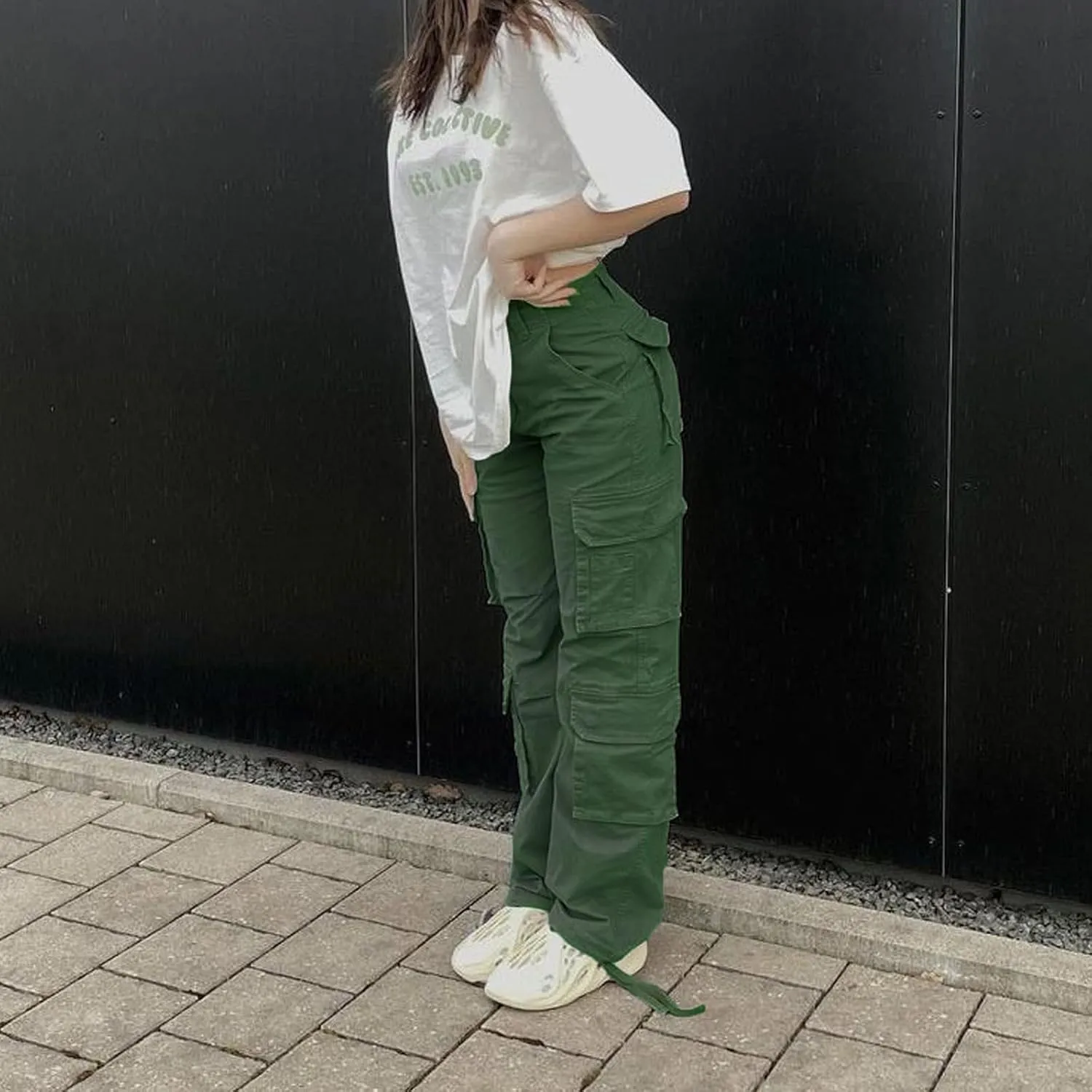 Womens High Waisted Black Cargo Pants with Pockets Baggy Solid Y2k Streetwear Pants
