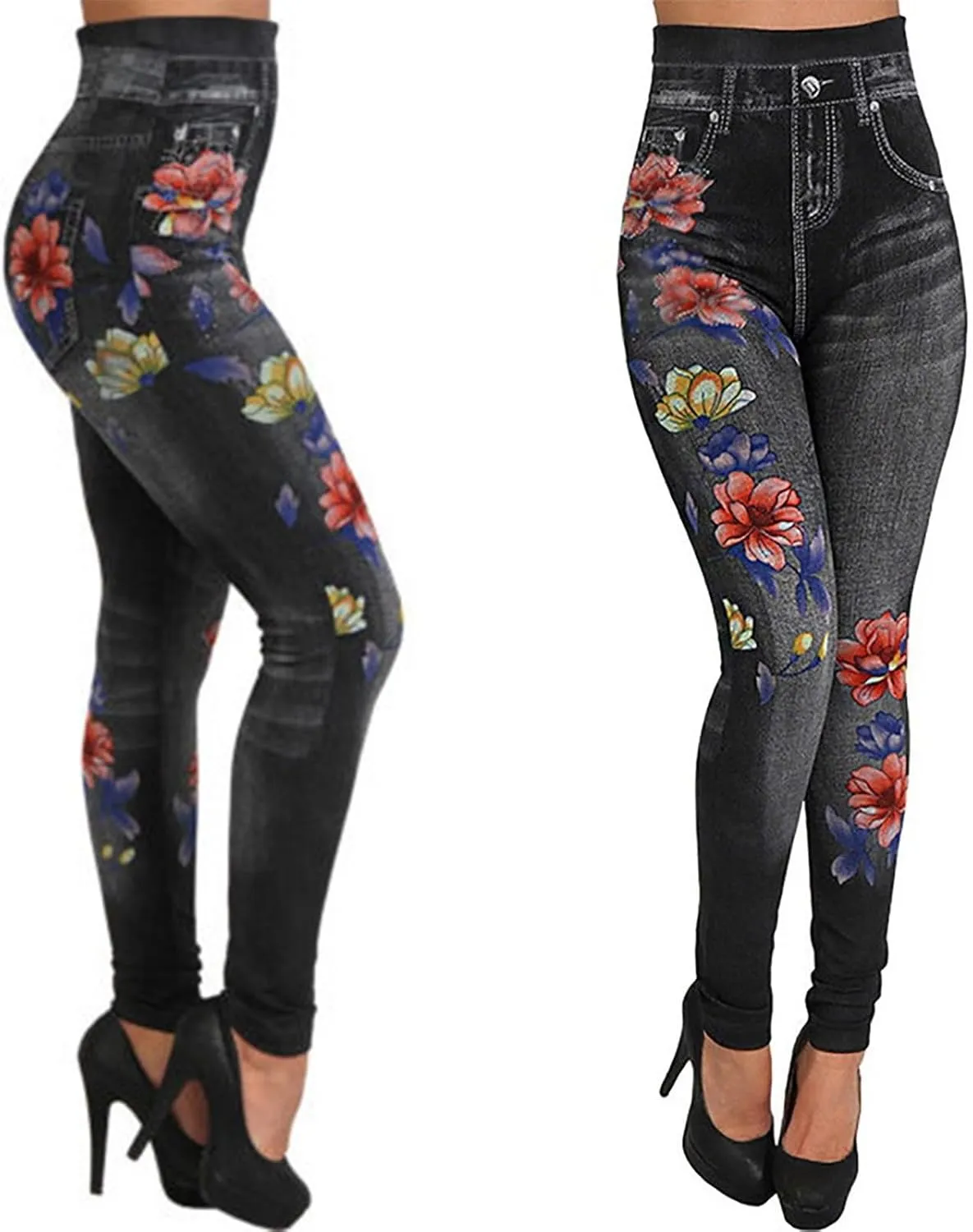 Women's Imitation Denim Leggings Trendy High Waist Stretchy Slim Fit Yoga Trousers Fall Fashion Workout Yoga Pants
