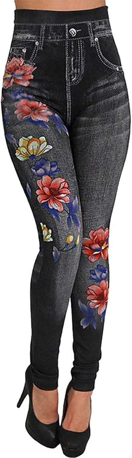 Women's Imitation Denim Leggings Trendy High Waist Stretchy Slim Fit Yoga Trousers Fall Fashion Workout Yoga Pants