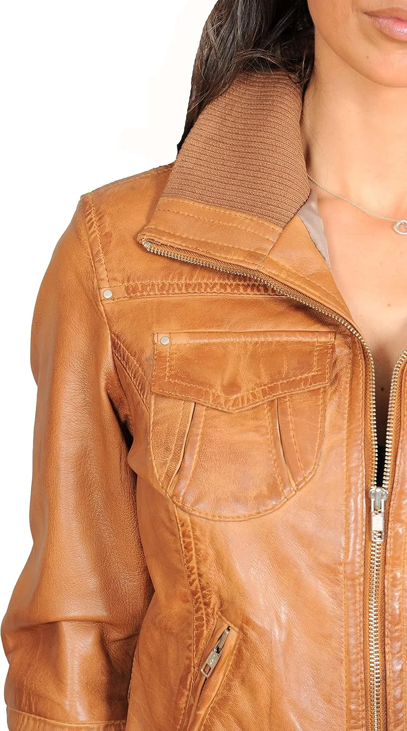 Womens Latest Short Fitted Bomber Real Leather Zip Up Jacket Cameron Tan
