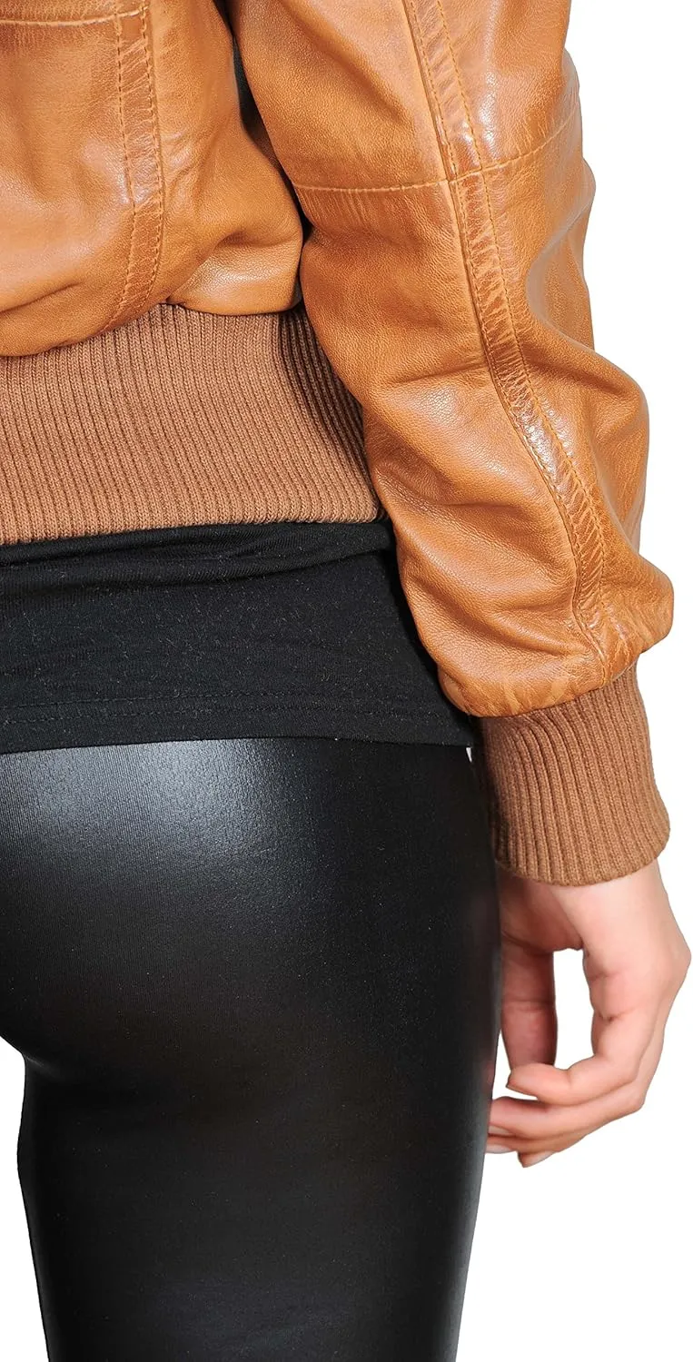 Womens Latest Short Fitted Bomber Real Leather Zip Up Jacket Cameron Tan
