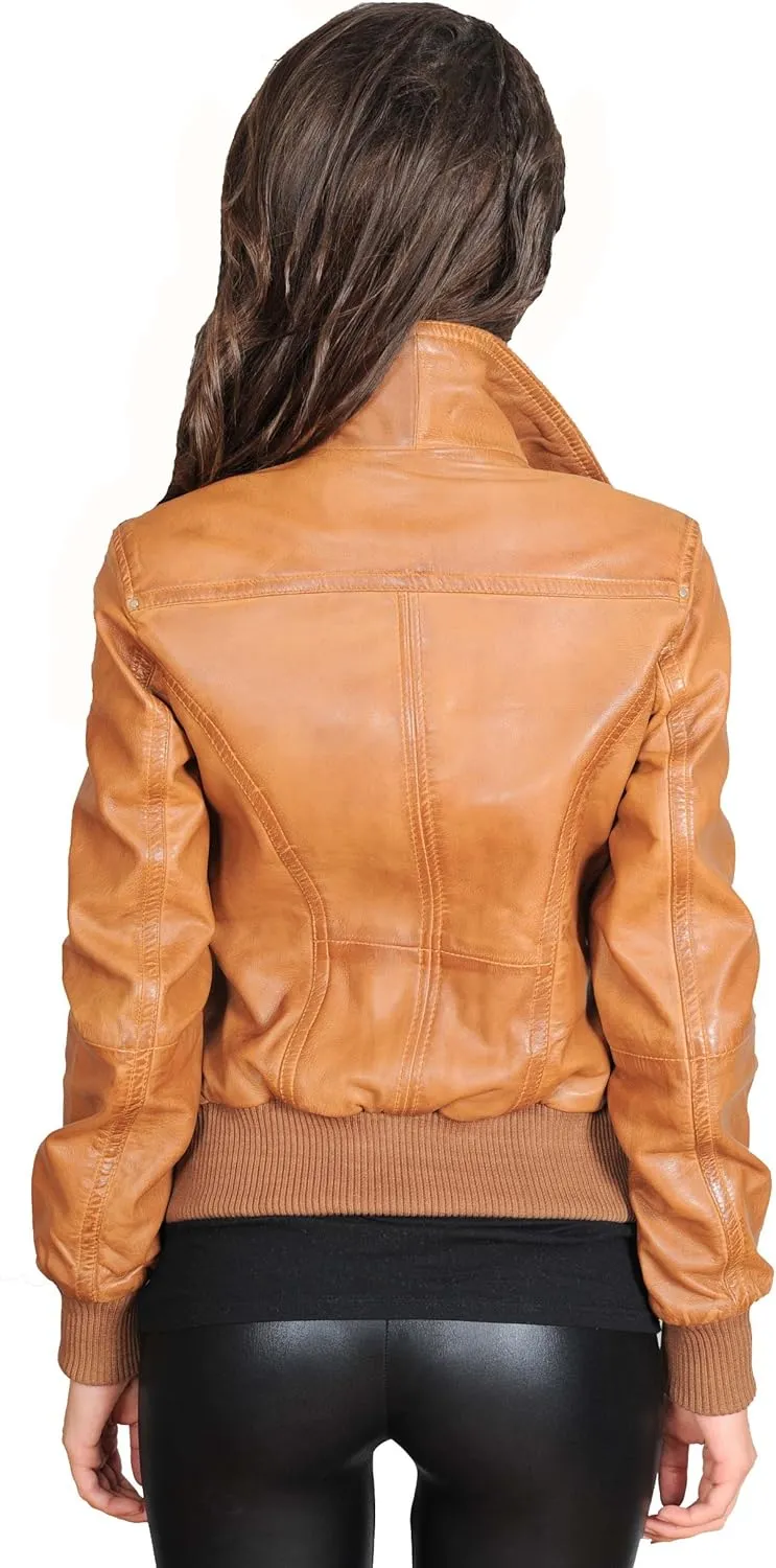Womens Latest Short Fitted Bomber Real Leather Zip Up Jacket Cameron Tan
