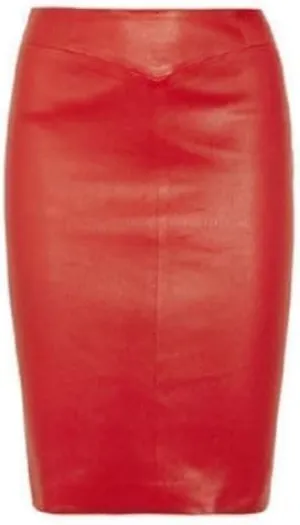 Women's Leather Skirt Genuine Soft Lambskin Leather Below-Knee Skirt Black, Red, Brown, White