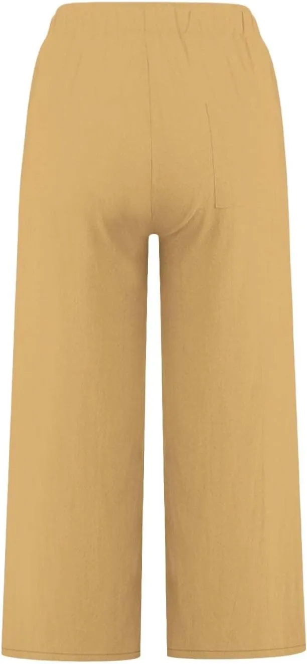Womens Linen Capri Pants with Pockets Wide Leg Cropped Lounge Trousers Drawstring Elastic Waisted Summer Beach Pants 2025