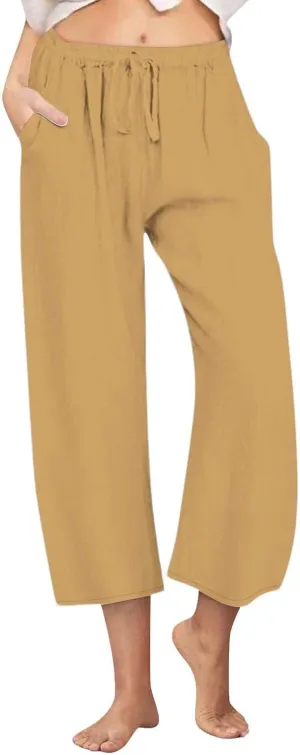 Womens Linen Capri Pants with Pockets Wide Leg Cropped Lounge Trousers Drawstring Elastic Waisted Summer Beach Pants 2025