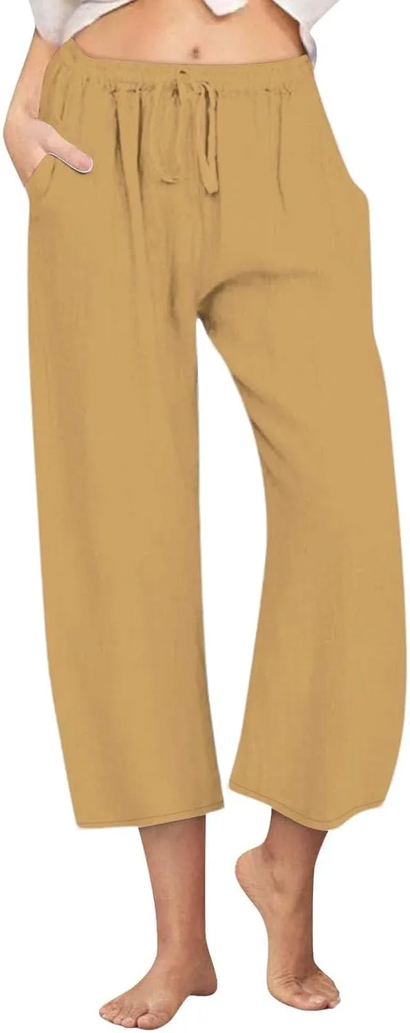 Womens Linen Capri Pants with Pockets Wide Leg Cropped Lounge Trousers Drawstring Elastic Waisted Summer Beach Pants 2025