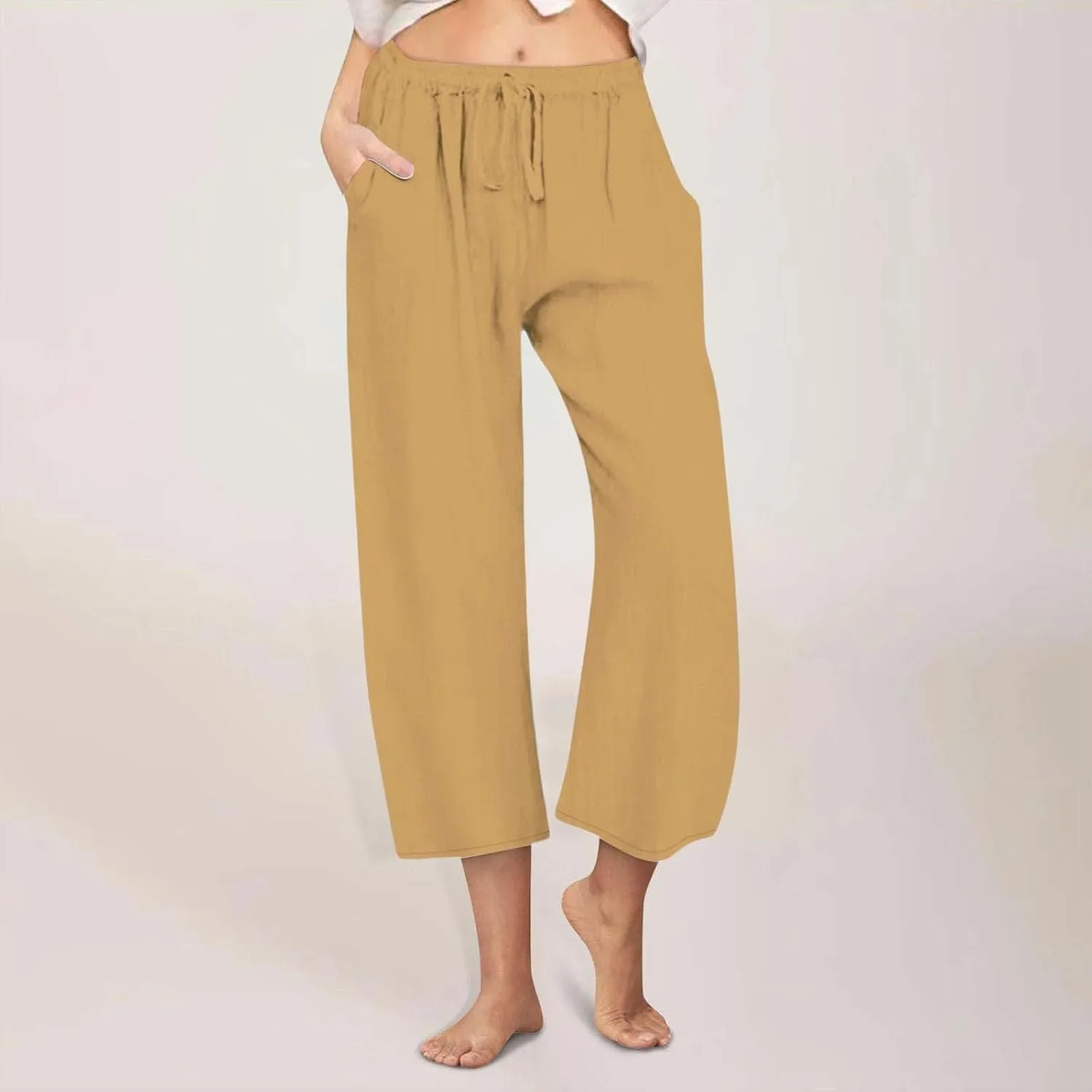 Womens Linen Capri Pants with Pockets Wide Leg Cropped Lounge Trousers Drawstring Elastic Waisted Summer Beach Pants 2025