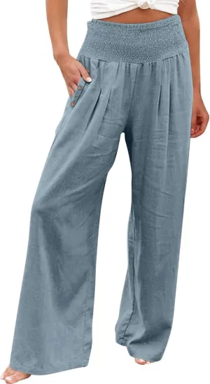 Womens Linen Pants 2025 Summer Casual Loose Wide Leg Palazzo Pants Elastic High Waist Flowy Beach Trousers Outfits