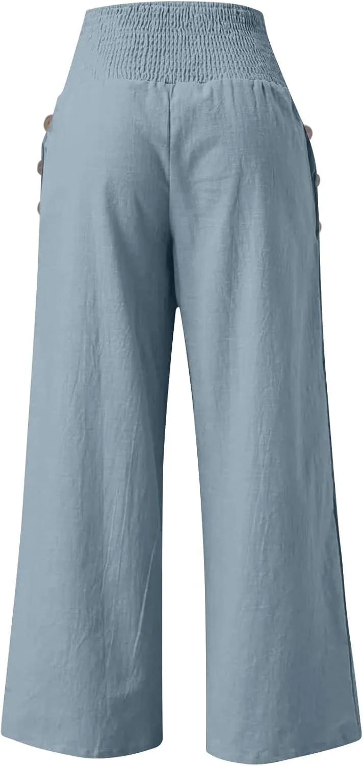 Womens Linen Pants 2025 Summer Casual Loose Wide Leg Palazzo Pants Elastic High Waist Flowy Beach Trousers Outfits