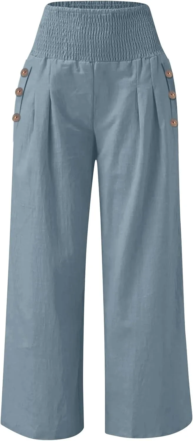 Womens Linen Pants 2025 Summer Casual Loose Wide Leg Palazzo Pants Elastic High Waist Flowy Beach Trousers Outfits