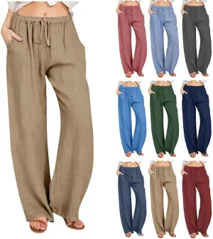 Womens Linen Pants Drawstring High Waist Casual Loose Fit Beach Pants Trendy Boho Straight Leg Trousers with Pockets