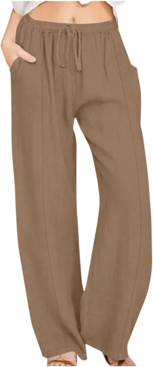 Womens Linen Pants Summer Boho Drawstring Elastic High Waist Loose Wide Leg Trousers with Pockets