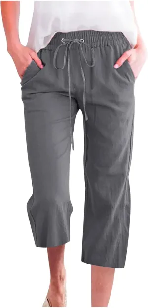 Womens Linen Pants,Summer Capri Pants High Waisted Wide Leg Drawstring Solid Casual Loose Trousers with Pockets