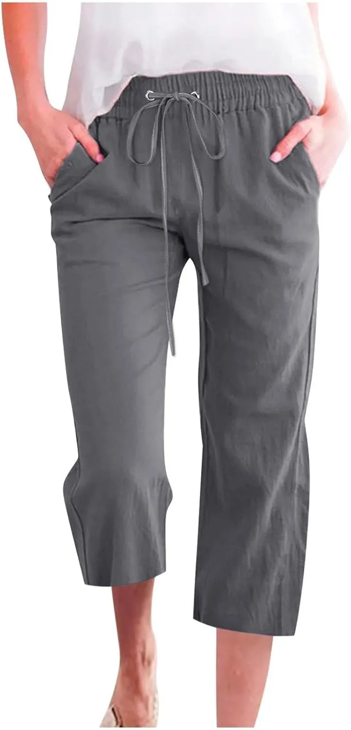 Womens Linen Pants,Summer Capri Pants High Waisted Wide Leg Drawstring Solid Casual Loose Trousers with Pockets