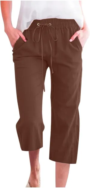Womens Linen Pants,Summer Capri Pants High Waisted Wide Leg Drawstring Solid Casual Loose Trousers with Pockets
