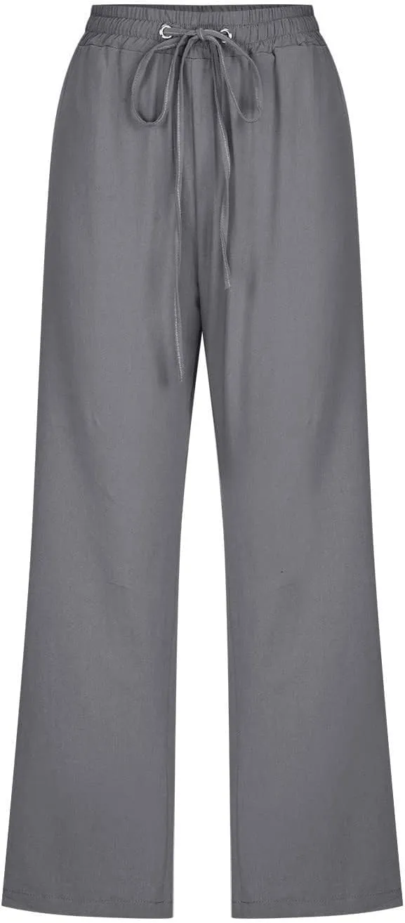 Womens Linen Pants,Summer Capri Pants High Waisted Wide Leg Drawstring Solid Casual Loose Trousers with Pockets