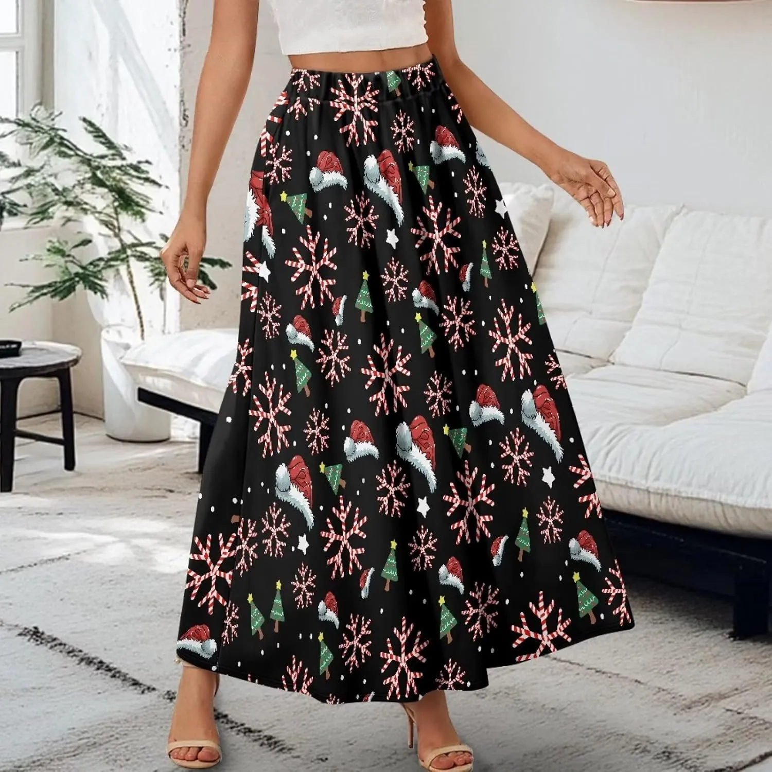 Women's Long Skirts Elastic High Waist A line Maxi Skirt with Pockets Summer Bohemian Printed Skirt Size S-2XL