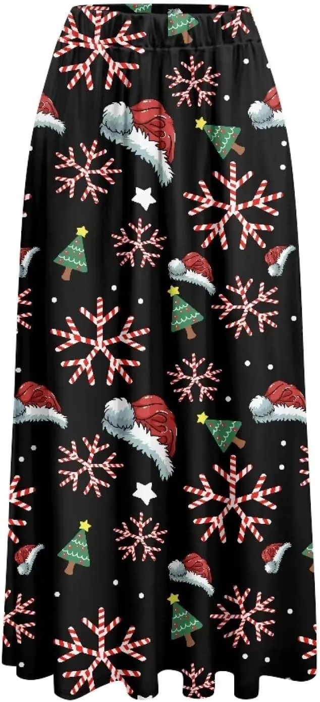Women's Long Skirts Elastic High Waist A line Maxi Skirt with Pockets Summer Bohemian Printed Skirt Size S-2XL