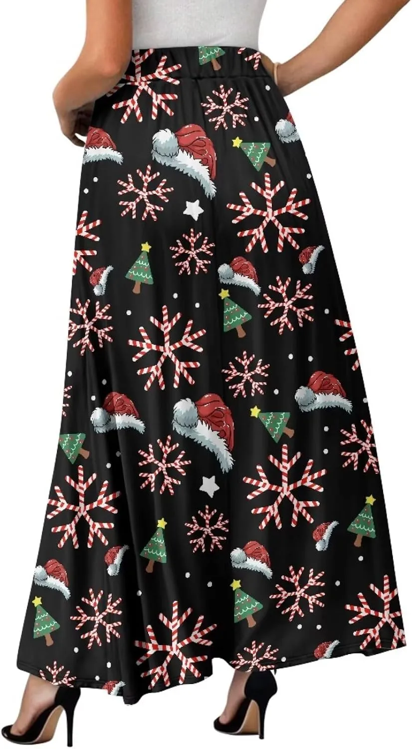 Women's Long Skirts Elastic High Waist A line Maxi Skirt with Pockets Summer Bohemian Printed Skirt Size S-2XL
