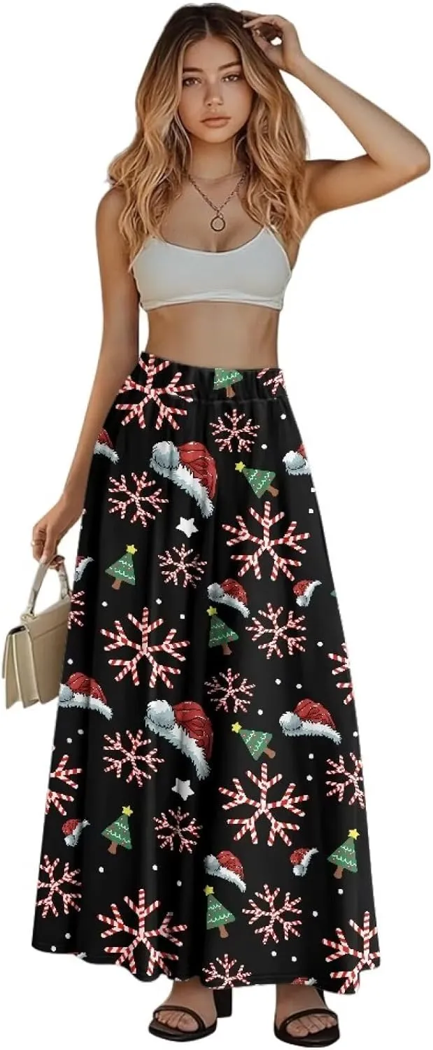 Women's Long Skirts Elastic High Waist A line Maxi Skirt with Pockets Summer Bohemian Printed Skirt Size S-2XL