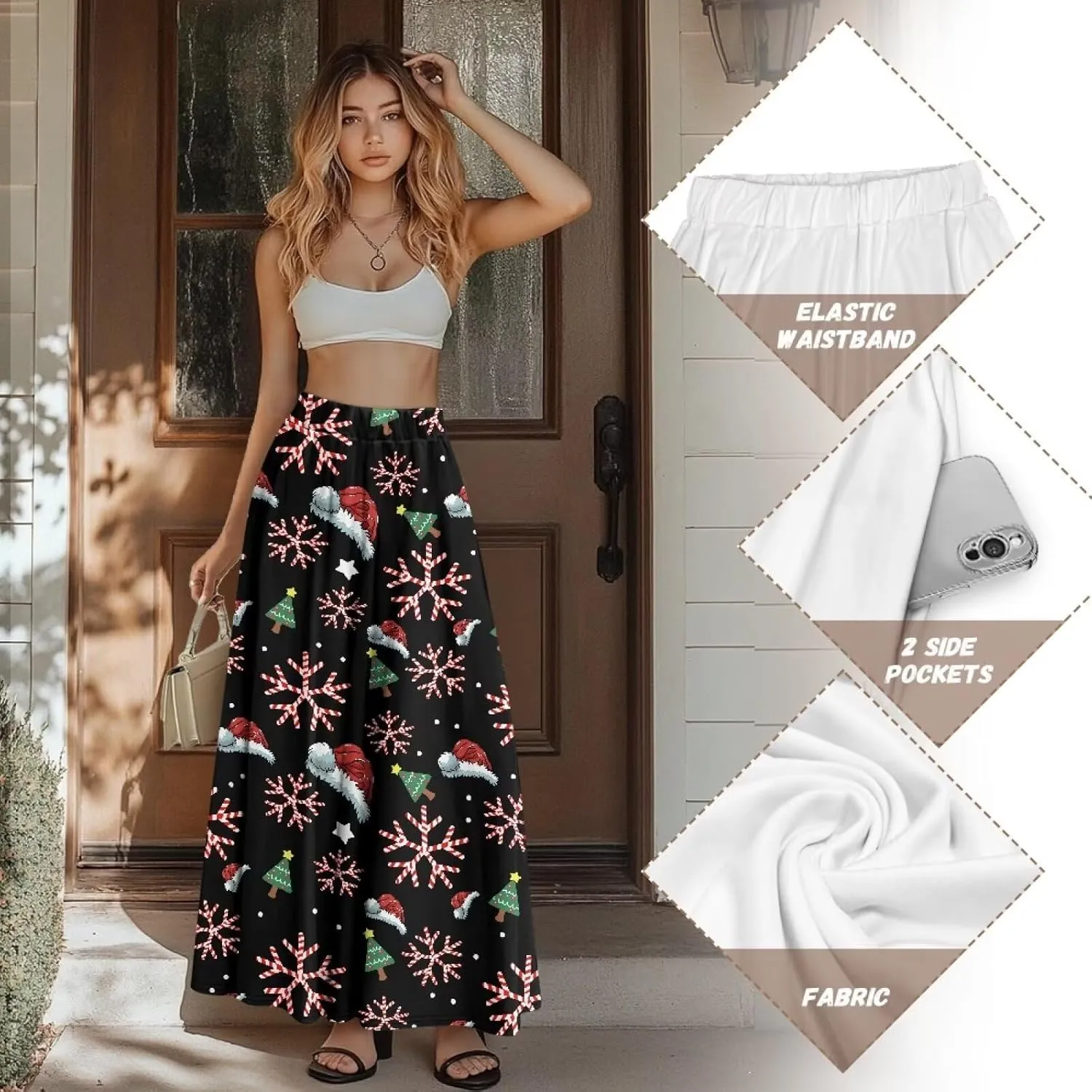 Women's Long Skirts Elastic High Waist A line Maxi Skirt with Pockets Summer Bohemian Printed Skirt Size S-2XL