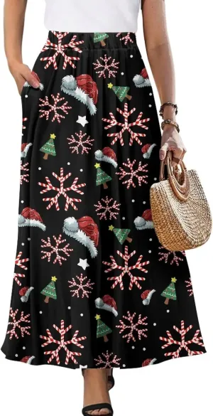 Women's Long Skirts Elastic High Waist A line Maxi Skirt with Pockets Summer Bohemian Printed Skirt Size S-2XL