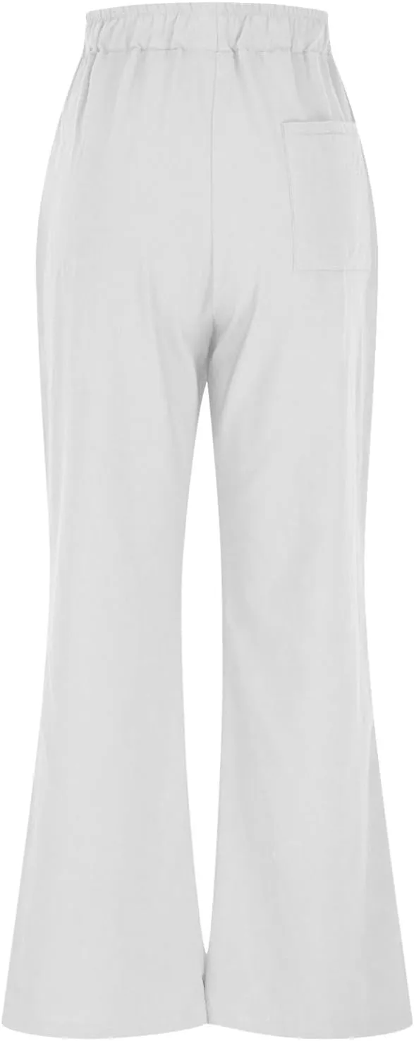 Women's Loose Wide Leg Casual Pant, Summer Cotton Linen Trendy Clothes Drawstring Pockets Basic Daily Trousers