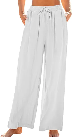Women's Loose Wide Leg Casual Pant, Summer Cotton Linen Trendy Clothes Drawstring Pockets Basic Daily Trousers