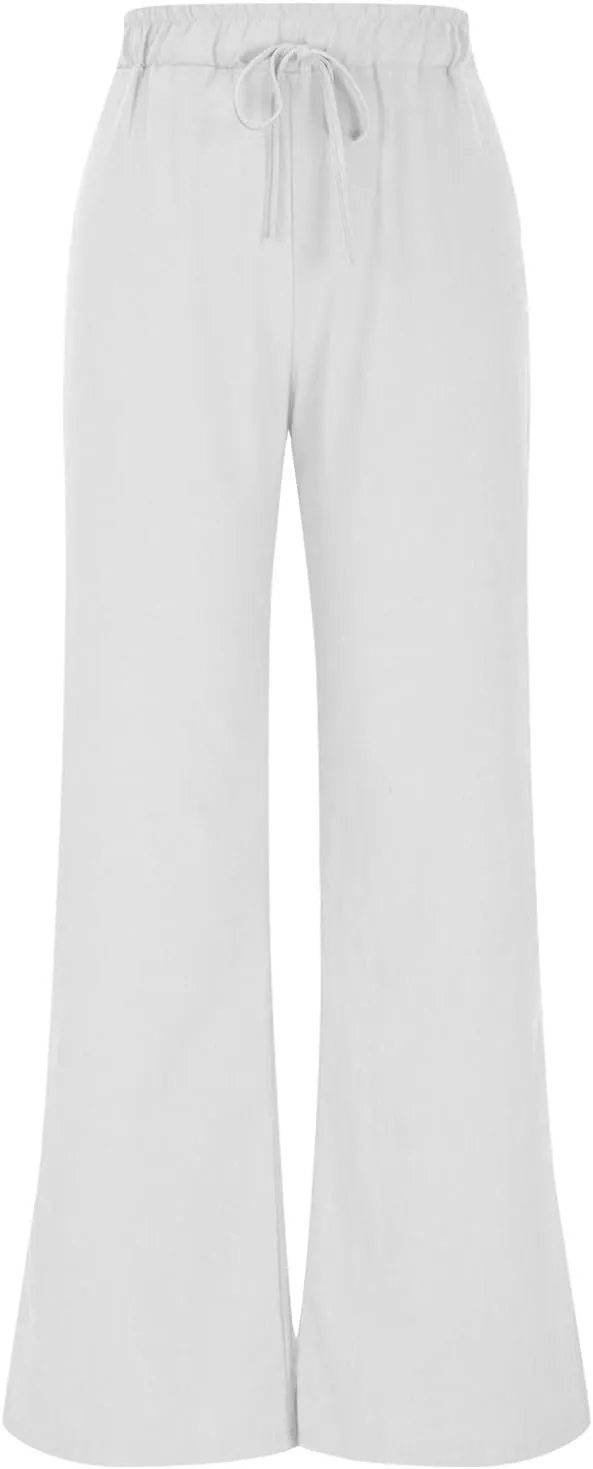 Women's Loose Wide Leg Casual Pant, Summer Cotton Linen Trendy Clothes Drawstring Pockets Basic Daily Trousers