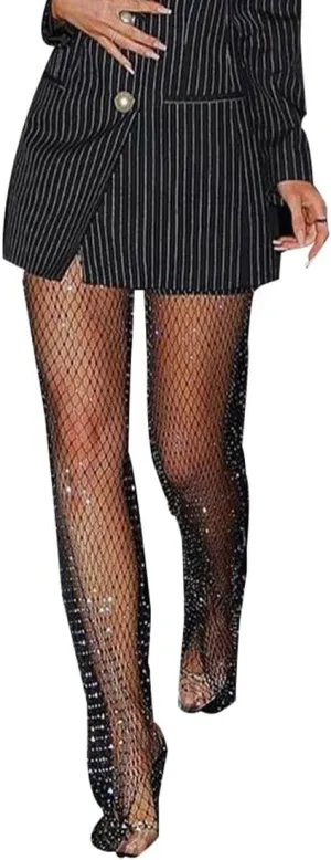Women's Mesh Rhinestone Pants See Through Fishnet Leggings Hollow Out Bikini Swimsuit Cover Up Trousers Bottoms