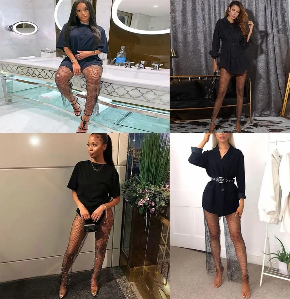 Women's Mesh Rhinestone Pants See Through Fishnet Leggings Hollow Out Bikini Swimsuit Cover Up Trousers Bottoms
