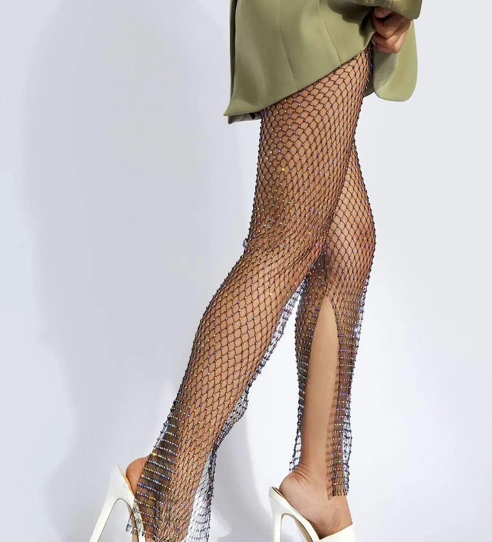 Women's Mesh Rhinestone Pants See Through Fishnet Leggings Hollow Out Bikini Swimsuit Cover Up Trousers Bottoms