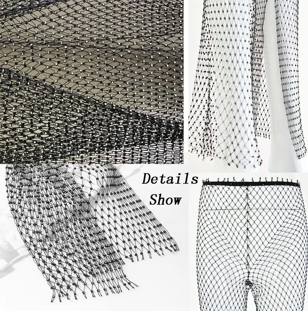 Women's Mesh Rhinestone Pants See Through Fishnet Leggings Hollow Out Bikini Swimsuit Cover Up Trousers Bottoms