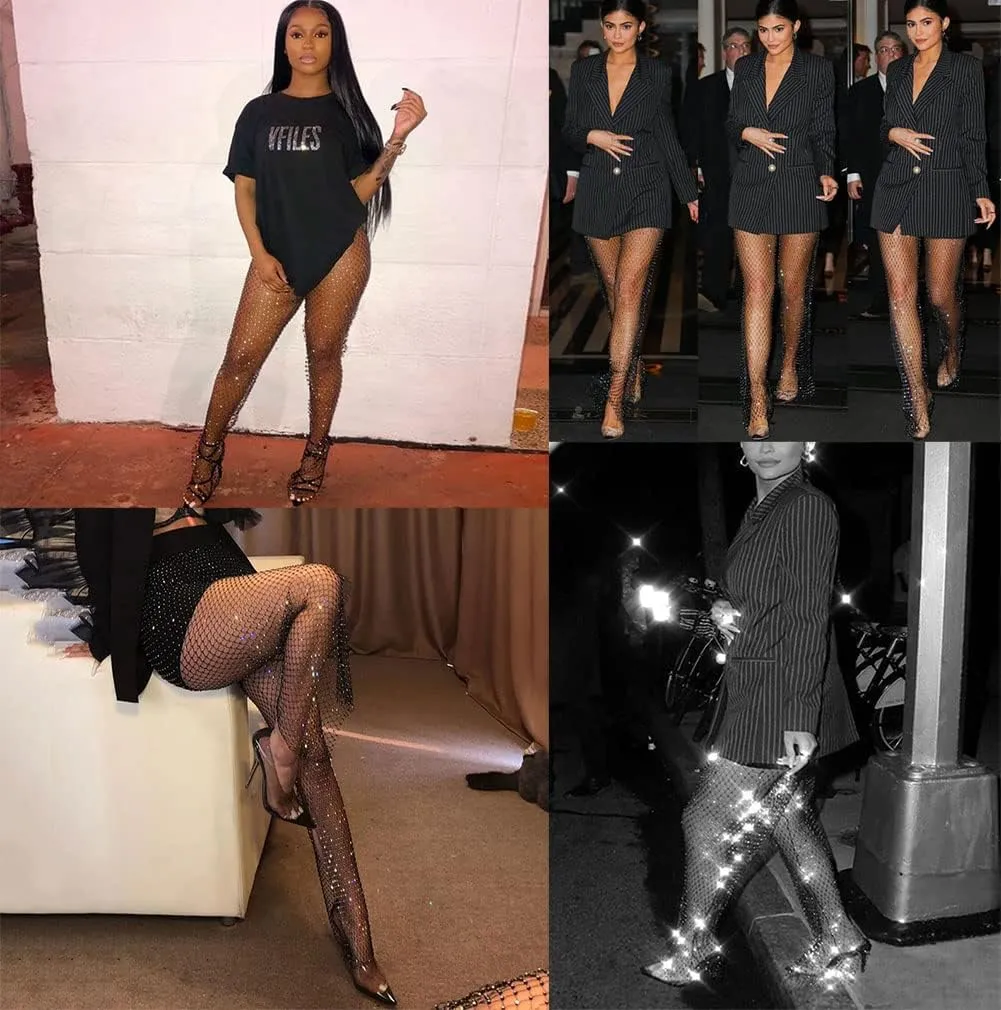 Women's Mesh Rhinestone Pants See Through Fishnet Leggings Hollow Out Bikini Swimsuit Cover Up Trousers Bottoms