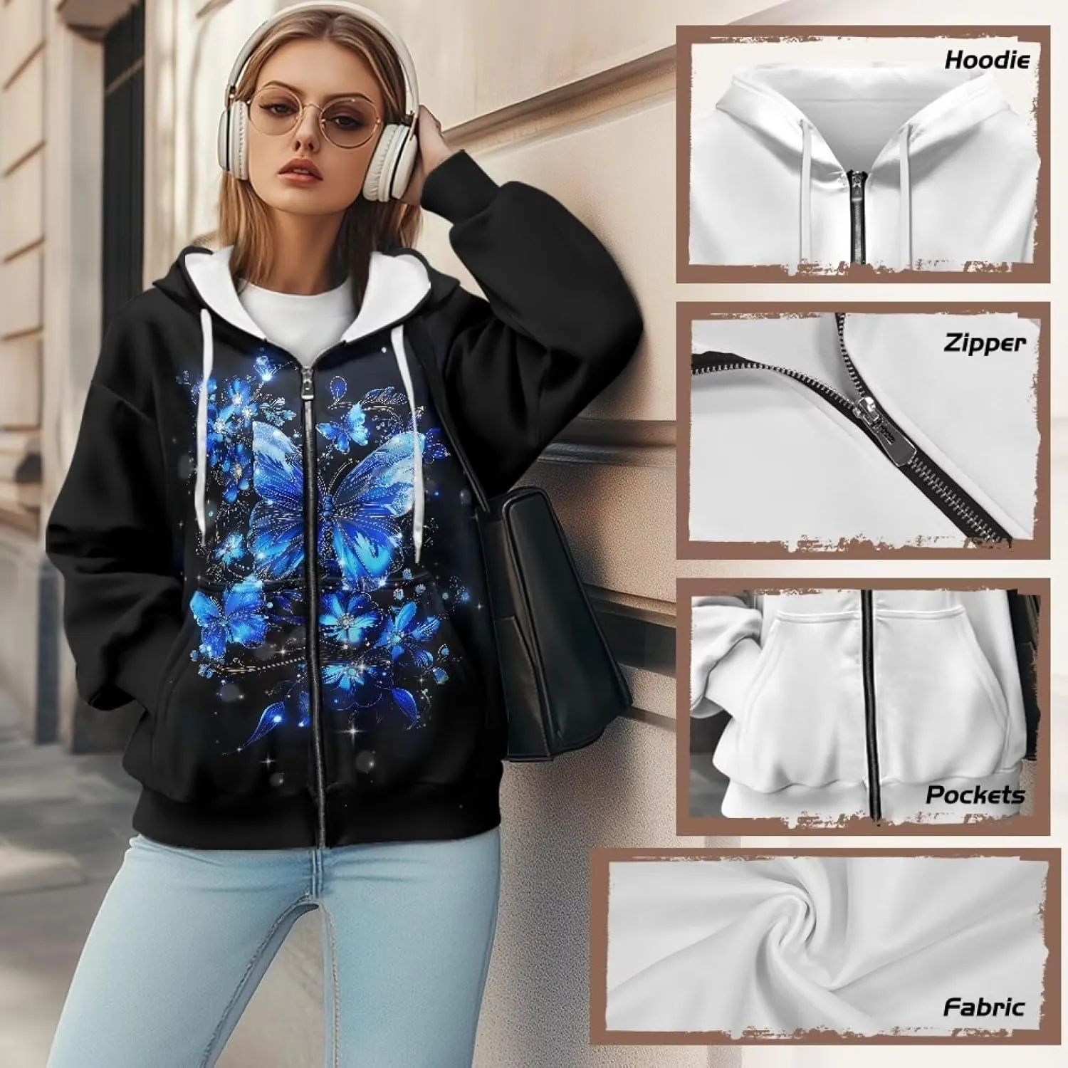 Womens Oversized Hoodie with Zipper Pockets Hooded Gradient Sweatshirt Women Zip Up Sweater Women Size XS-4XL