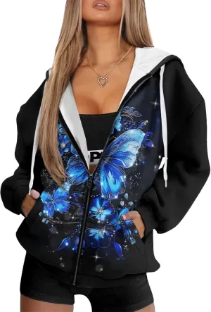 Womens Oversized Hoodie with Zipper Pockets Hooded Gradient Sweatshirt Women Zip Up Sweater Women Size XS-4XL