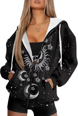 Womens Oversized Hoodie with Zipper Pockets Hooded Gradient Sweatshirt Women Zip Up Sweater Women Size XS-4XL