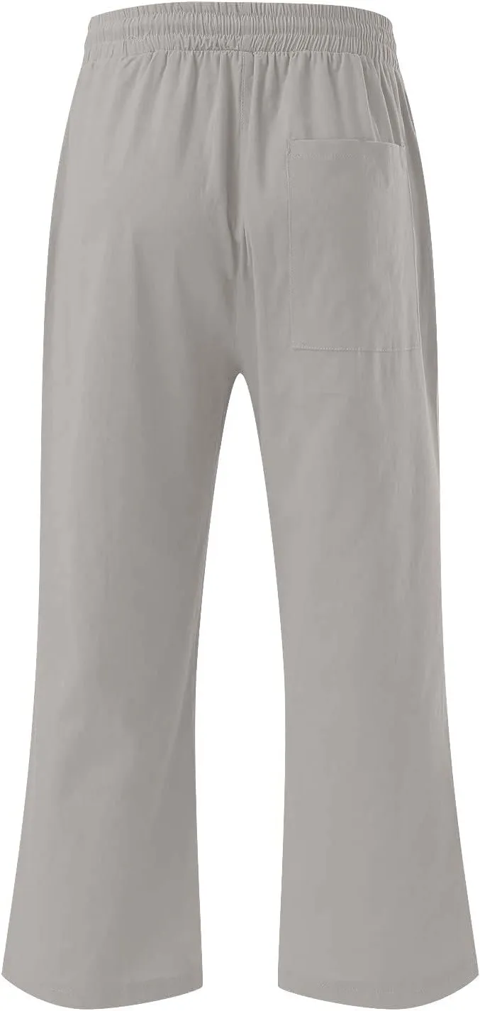 Women's Pants Drawstring Elastic Waist Trousers Slacks Cotton Linen Capri Pants Pull-On Legging Pant Summer Beach Quick Dry