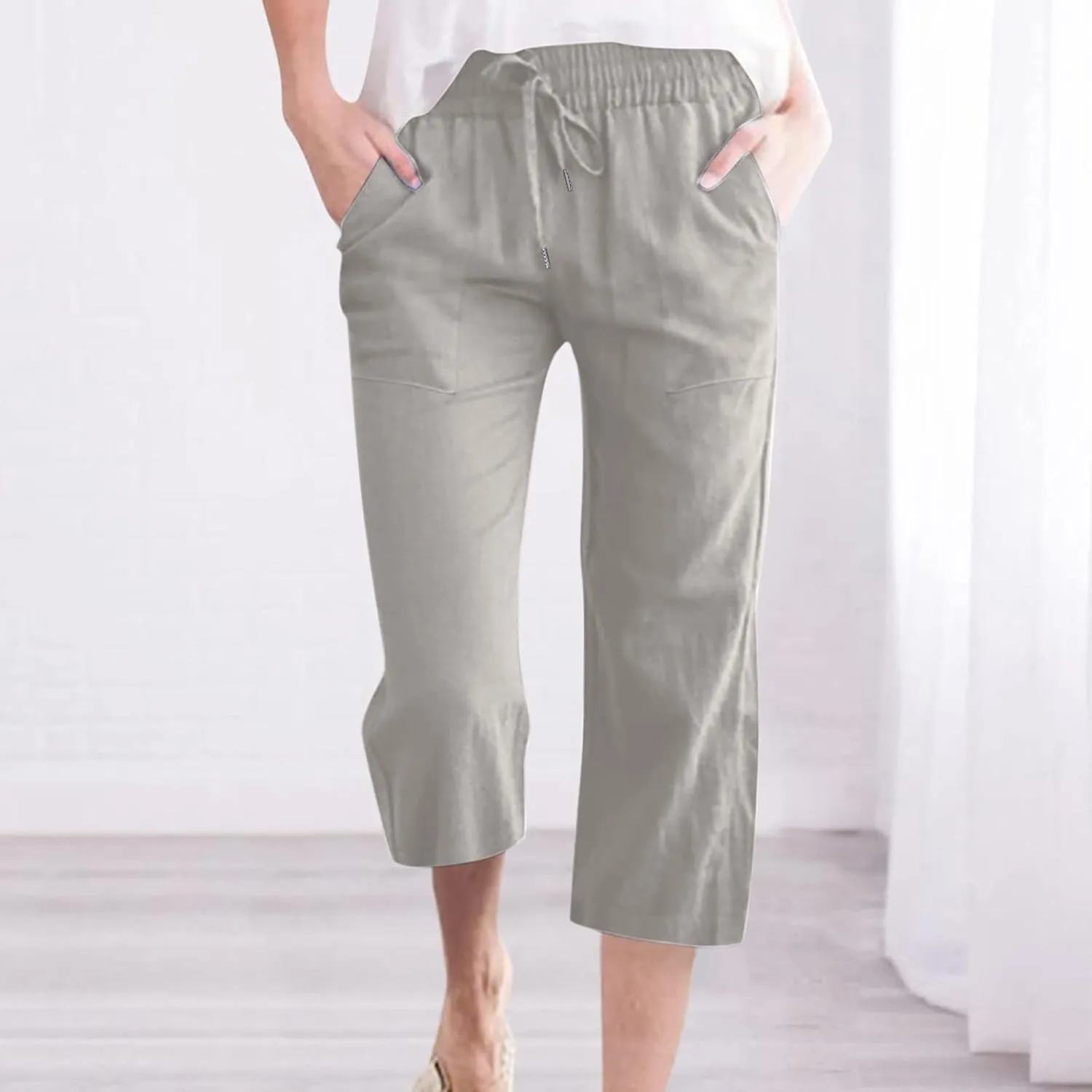 Women's Pants Drawstring Elastic Waist Trousers Slacks Cotton Linen Capri Pants Pull-On Legging Pant Summer Beach Quick Dry