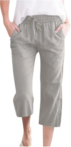 Women's Pants Drawstring Elastic Waist Trousers Slacks Cotton Linen Capri Pants Pull-On Legging Pant Summer Beach Quick Dry