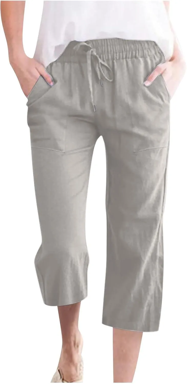 Women's Pants Drawstring Elastic Waist Trousers Slacks Cotton Linen Capri Pants Pull-On Legging Pant Summer Beach Quick Dry