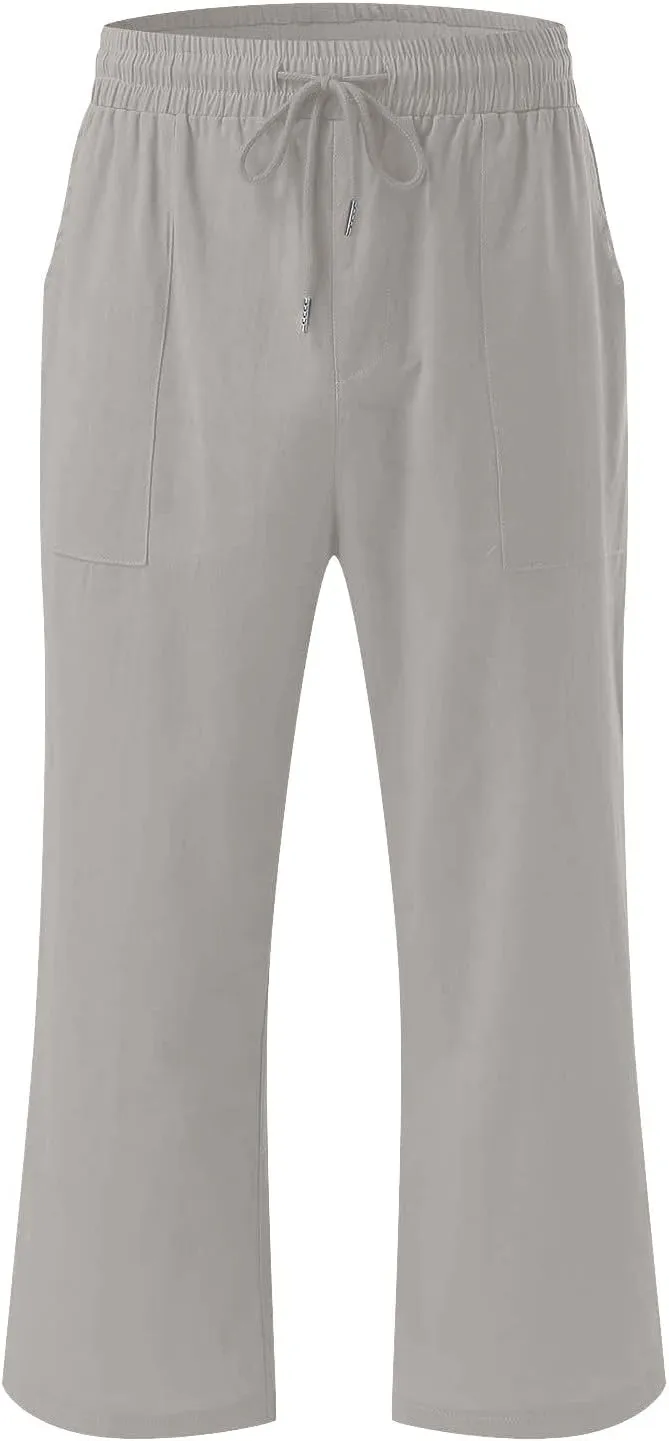 Women's Pants Drawstring Elastic Waist Trousers Slacks Cotton Linen Capri Pants Pull-On Legging Pant Summer Beach Quick Dry