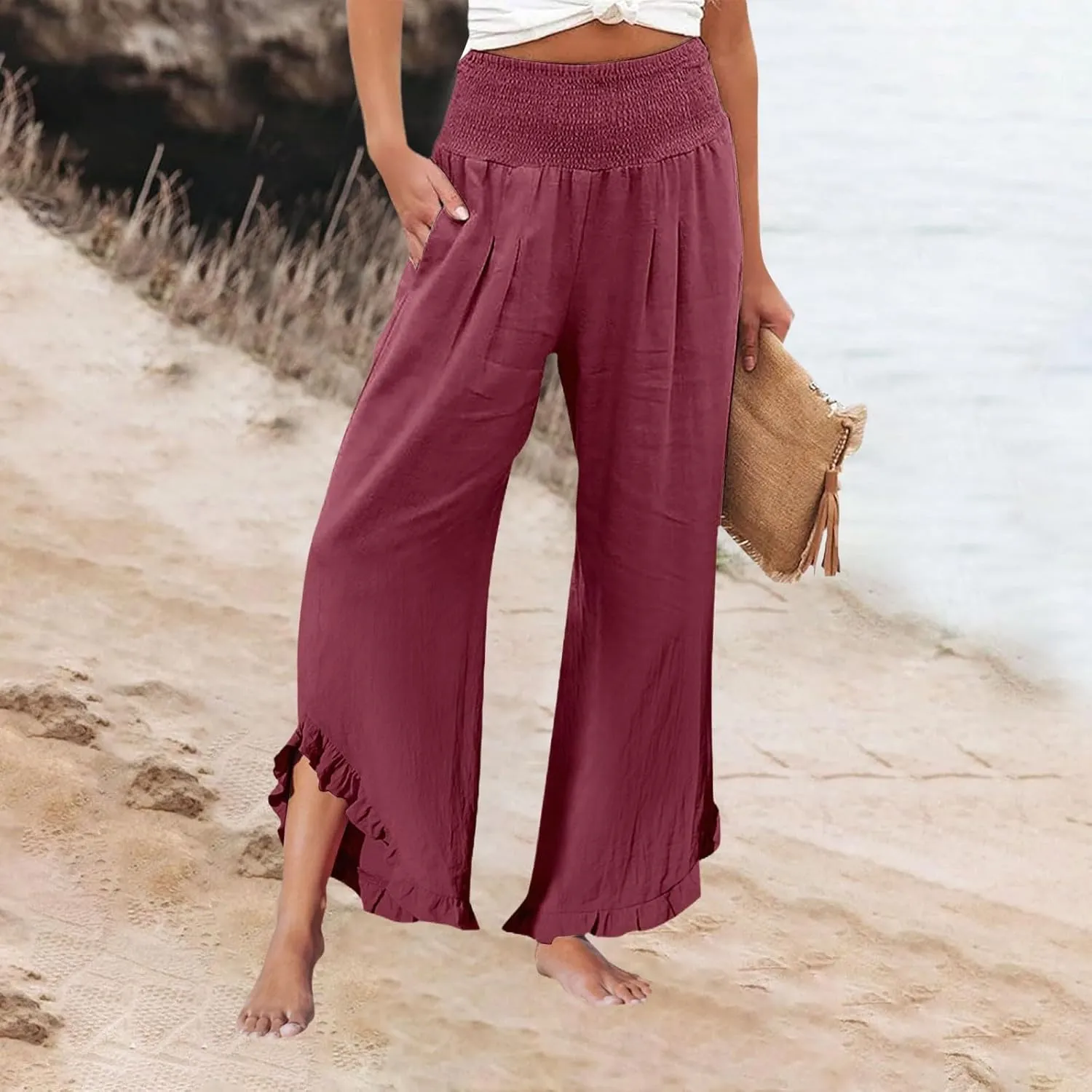 Women's Pants, Straight Leg Linen Pants Summer Wide High Waisted Lightweight Summmer