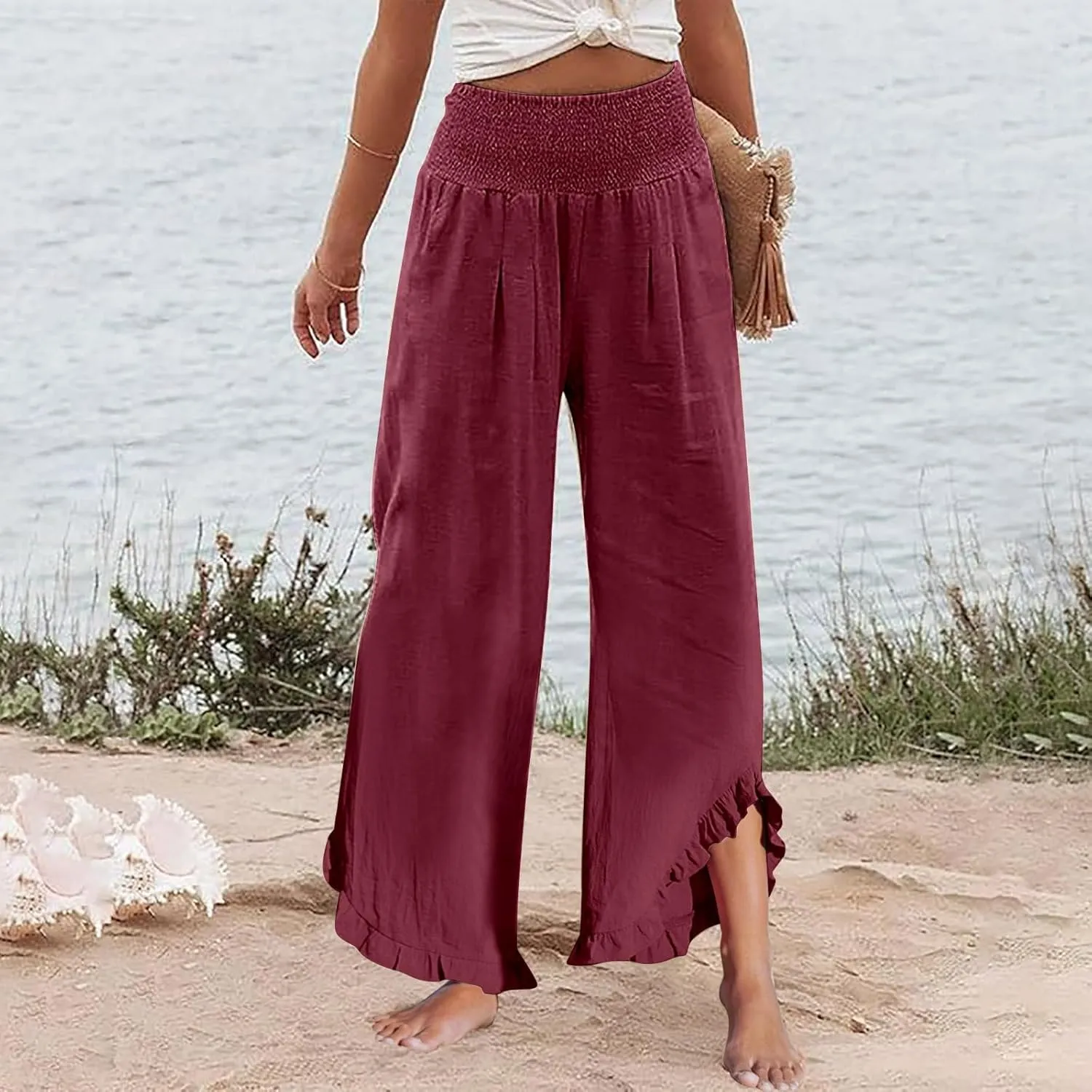 Women's Pants, Straight Leg Linen Pants Summer Wide High Waisted Lightweight Summmer